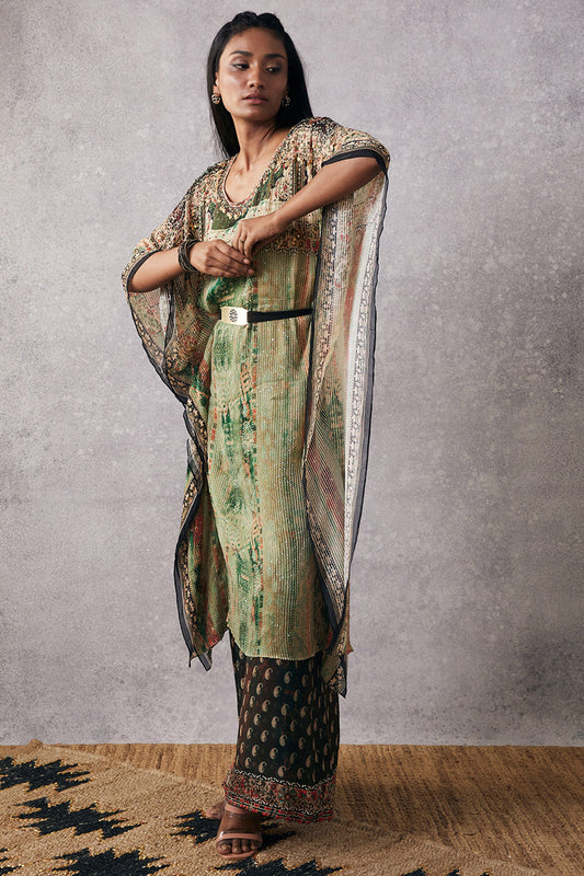 Green Ikaya Embroidered Kaftan Set With Belt