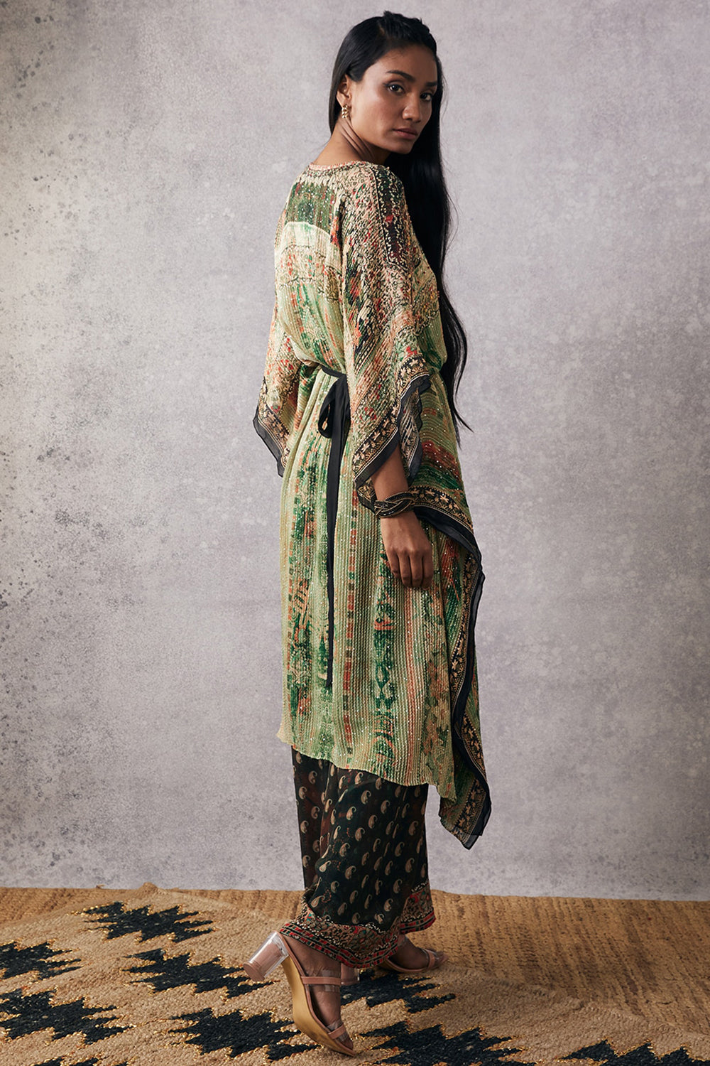 Green Ikaya Embroidered Kaftan Set With Belt