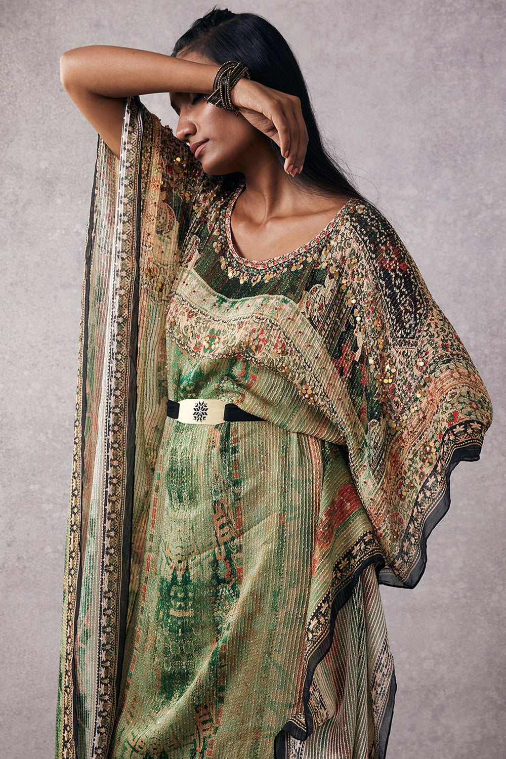 Green Ikaya Embroidered Kaftan Set With Belt