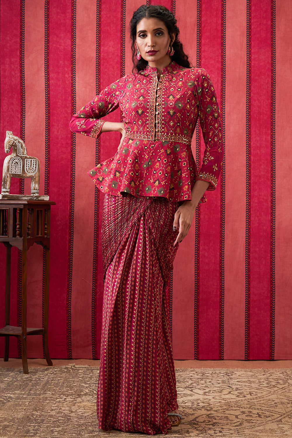 Zahra Embroidered Peplum Top With Drape Skirt