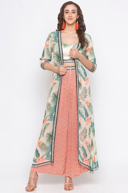 Printed Tropical Jacket With Printed Bustier And Pant