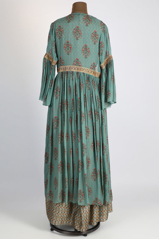 Sage Green Printed Crop Top Paired With High Waist Box Pleated Skirt