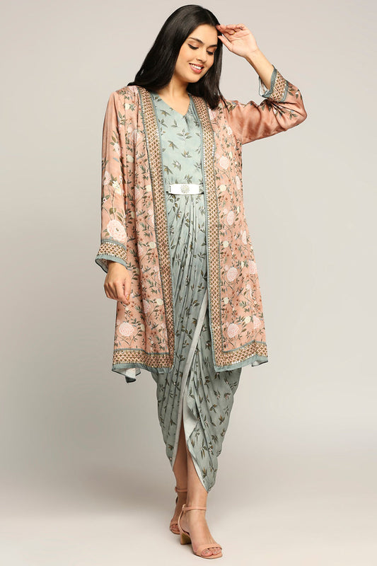 Vintage Trails Printed Drape Dress With Jacket