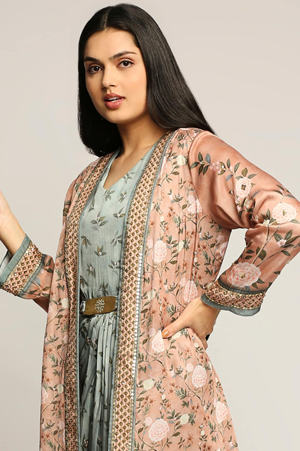 Vintage Trails Printed Drape Dress With Jacket