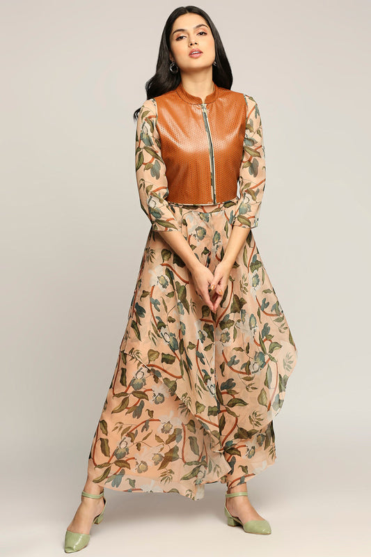 Orchid Bloom Printed Jumpsuit With Leather Jacket