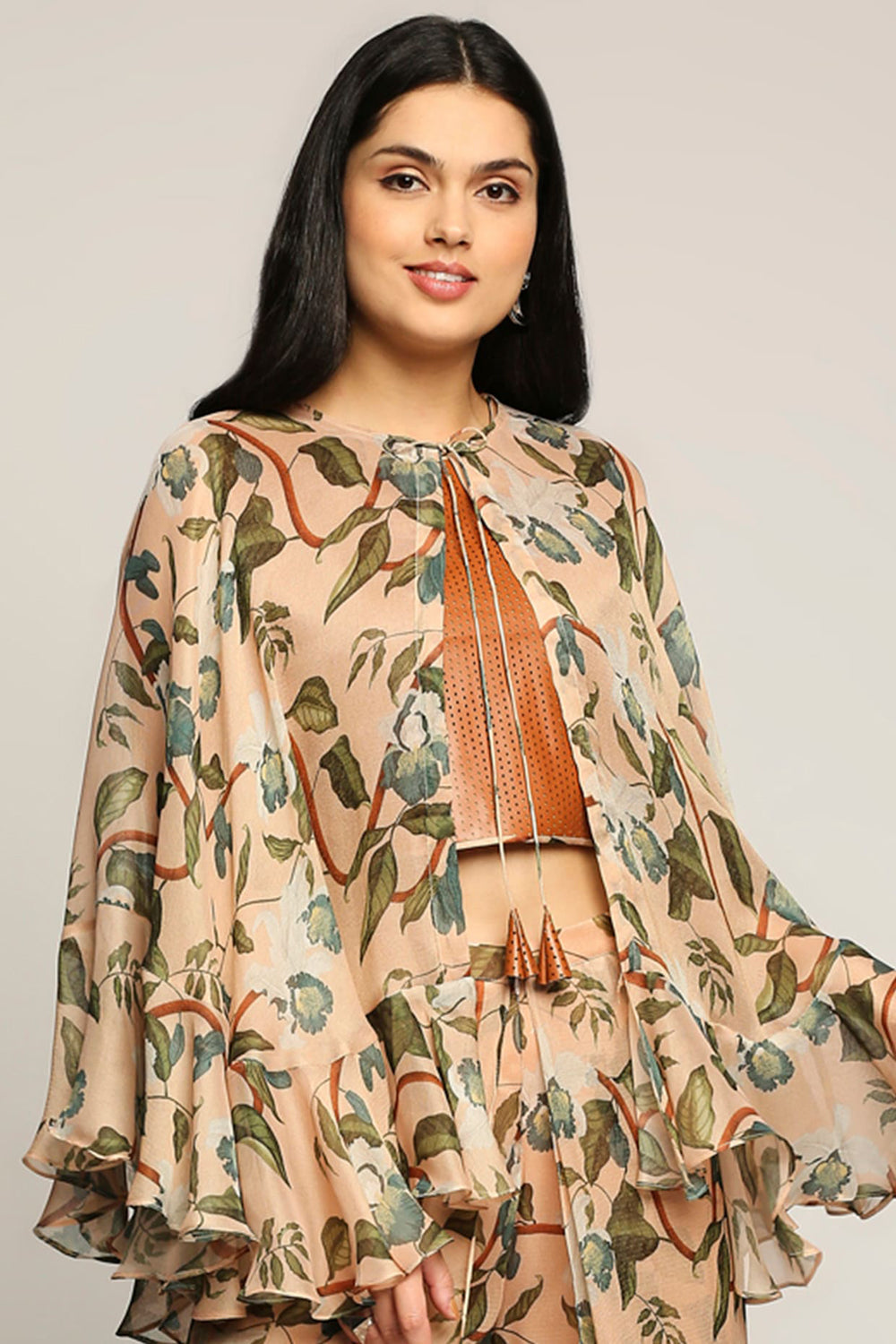 Orchid Bloom Printed Ruffle Pant Set With Cape