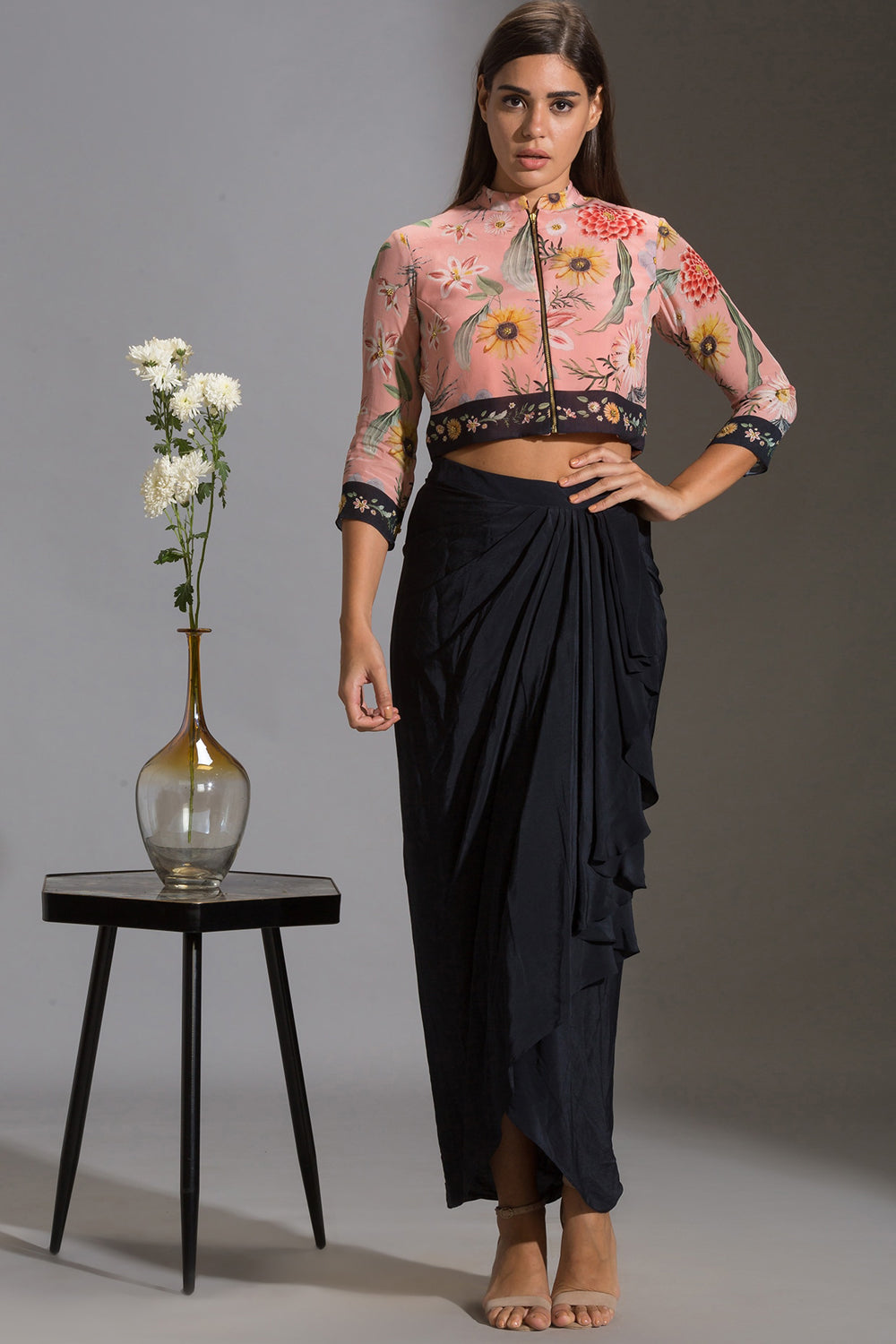 Gulista Floral Zipper Jacket With Draped Skirt