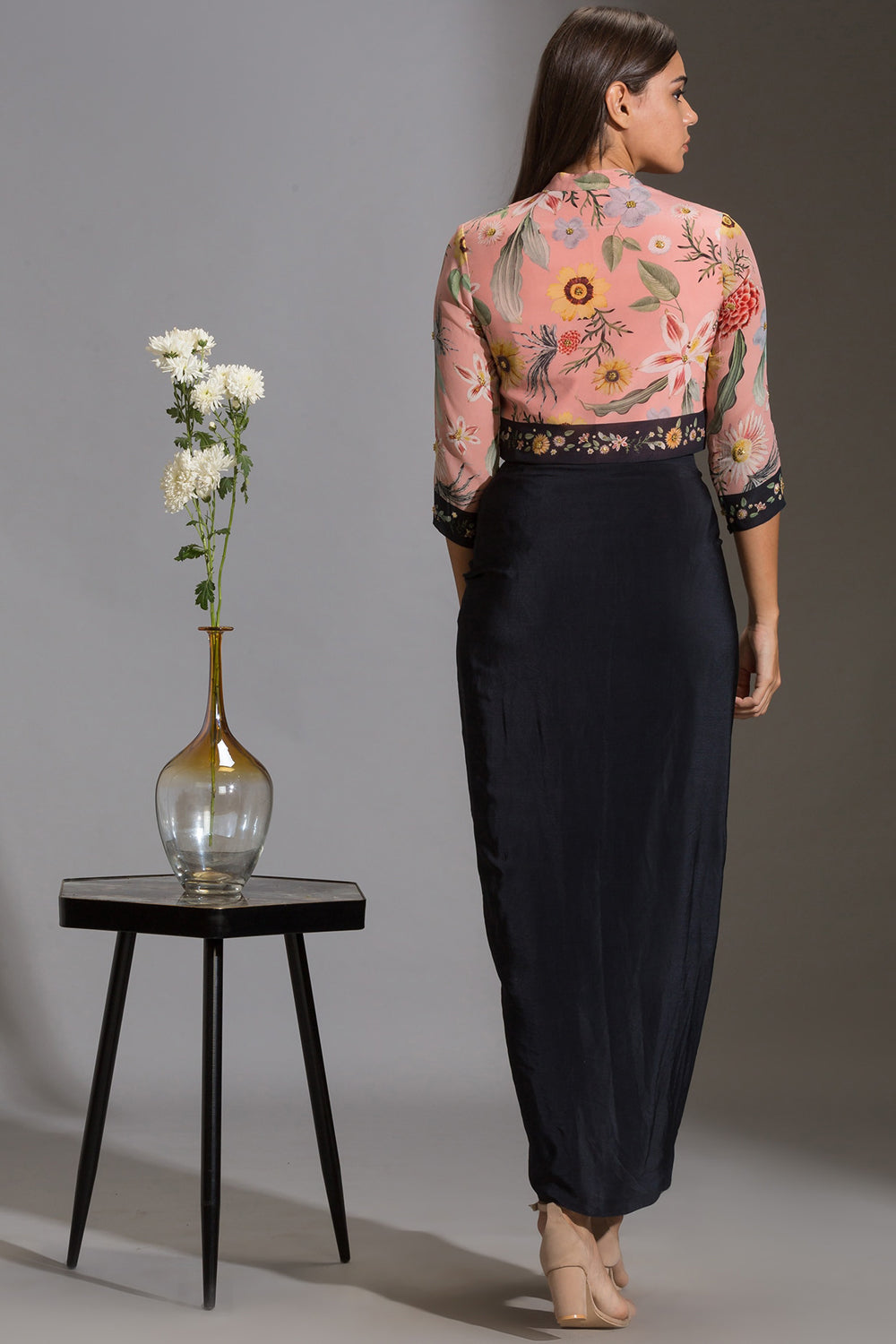 Gulista Floral Zipper Jacket With Draped Skirt