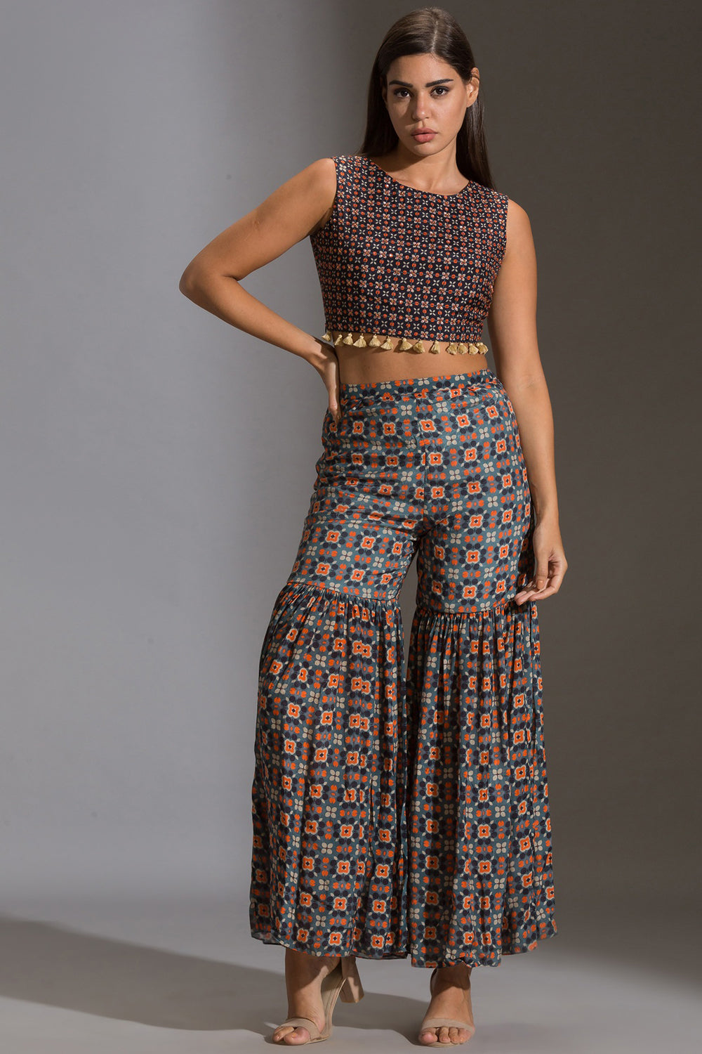 Arabesque Geometrical Printed Sharara With Top And Jacket