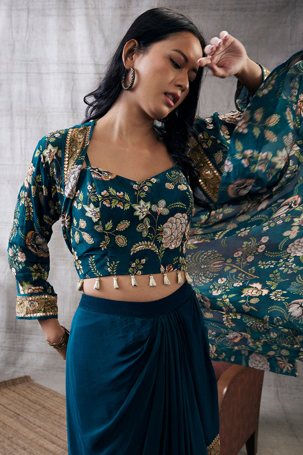 Mehr Printed Drape Skirt Set With Jacket