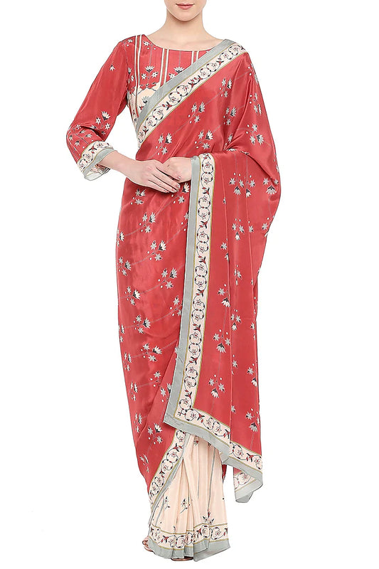 Red & Beige Crepe Printed Saree Set