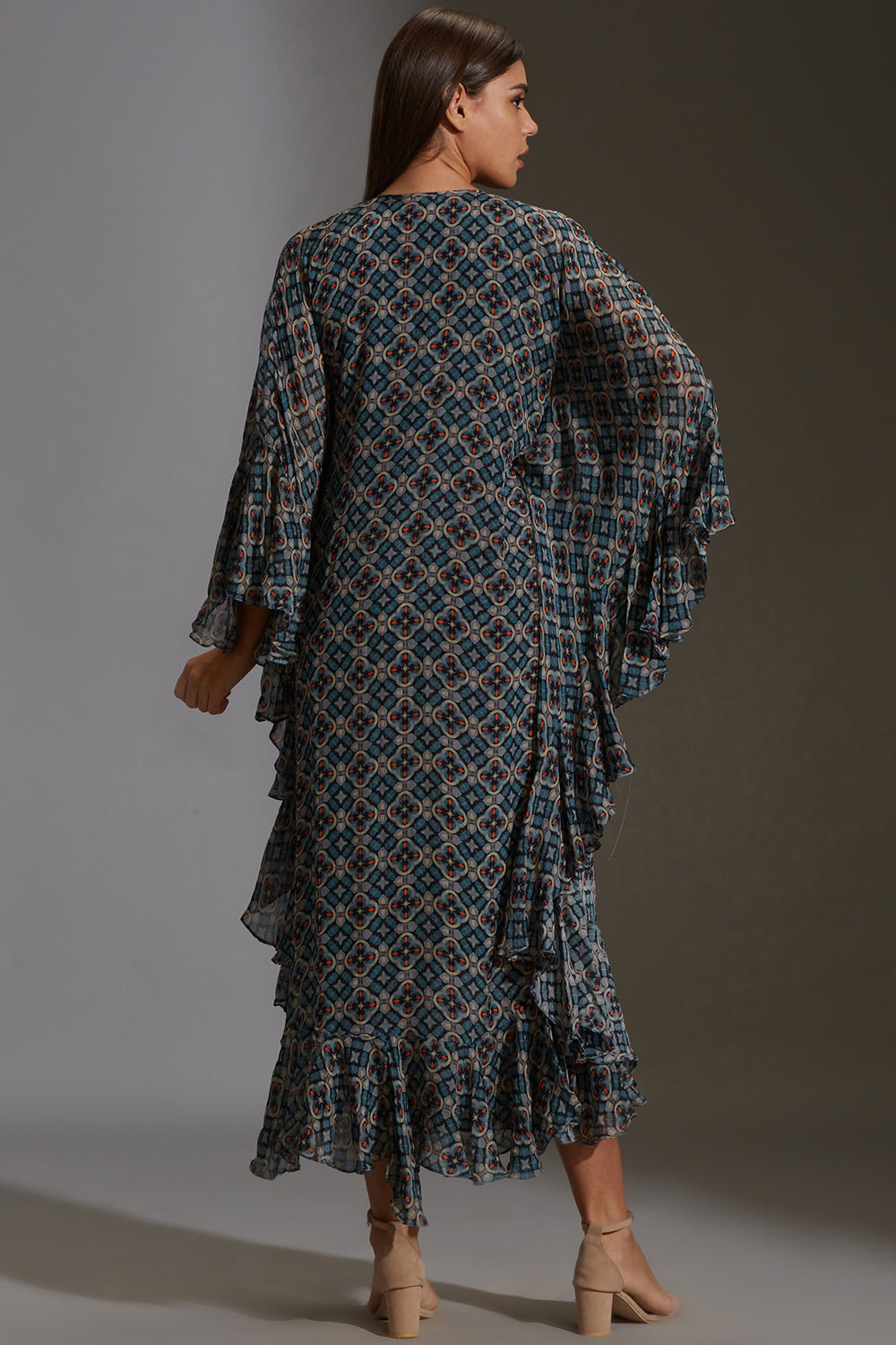 Arabesque Geometrical Drape Dress With Frill Top