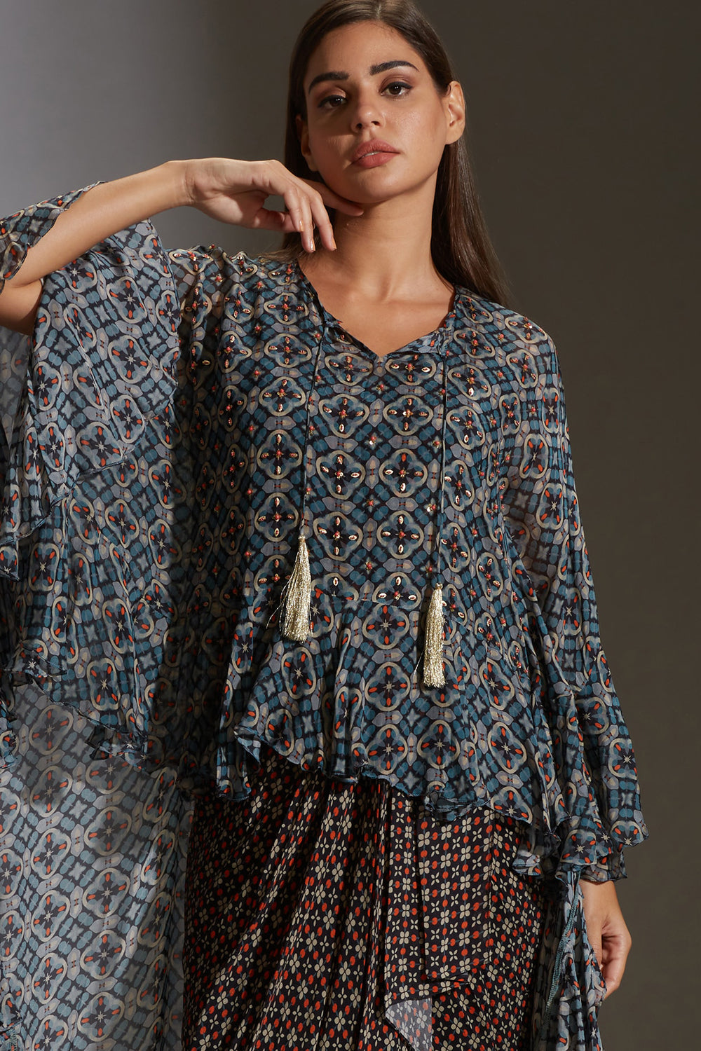 Arabesque Geometrical Drape Dress With Frill Top