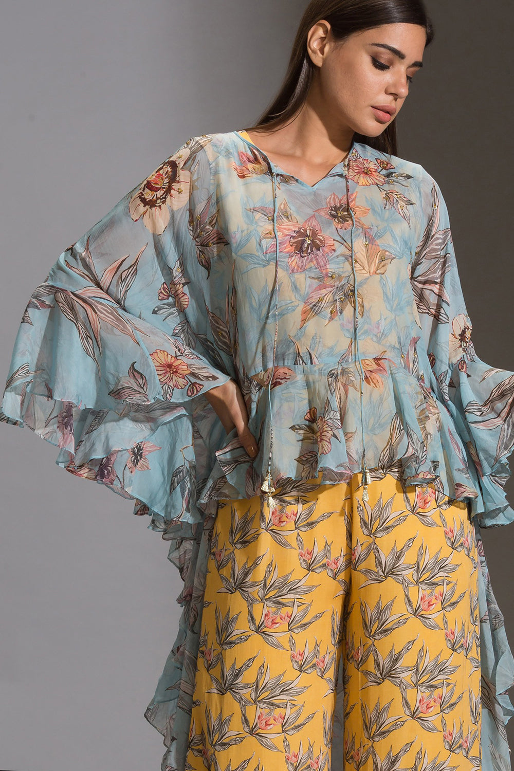 Anthia Floral Jumpsuit Paired With Frilled Top