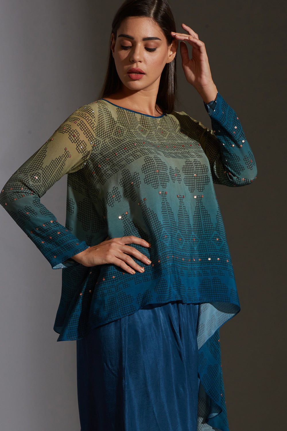 Rangrez Ombre Asymmetrical Top And Dhoti