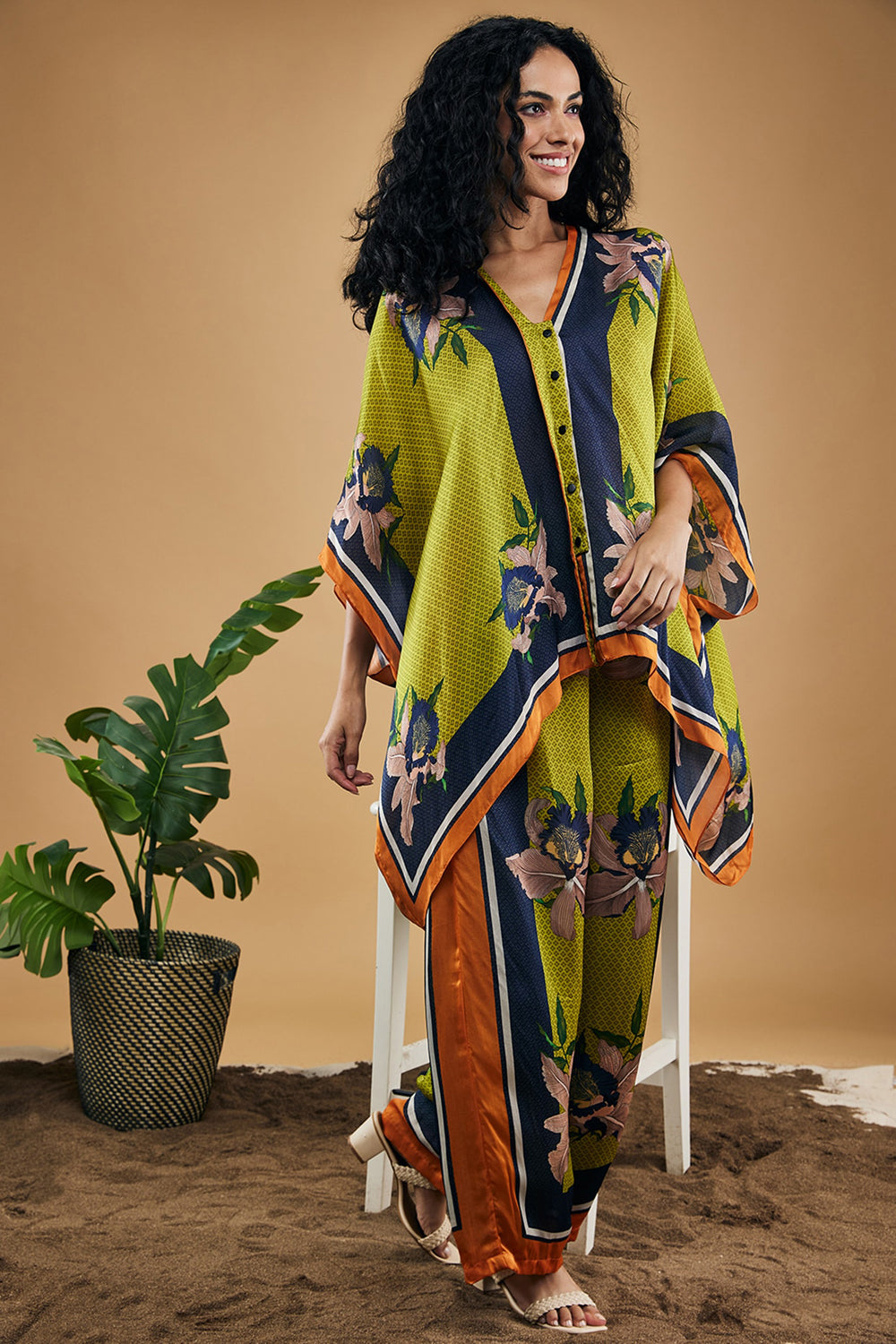 Green Orchid Bloom Printed Kimono Shirt With Pants