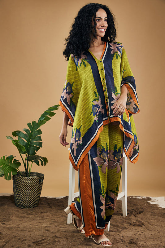 Green Orchid Bloom Printed Kimono Shirt With Pants
