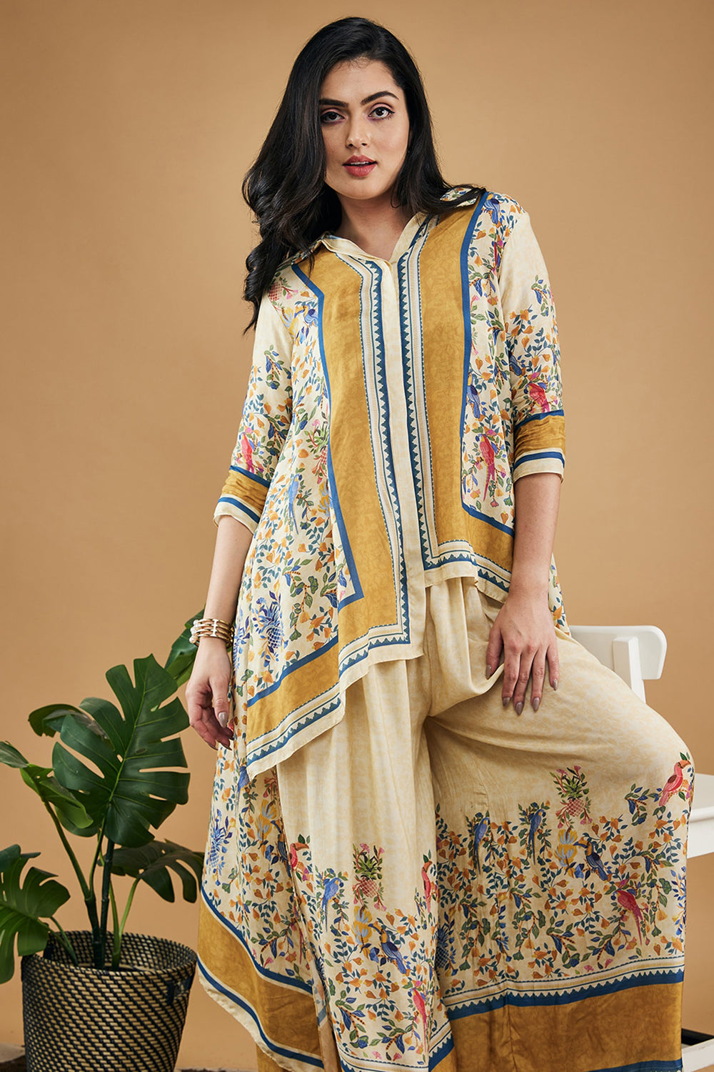 Bird And Tile Printed High-Low Shirt With Pant