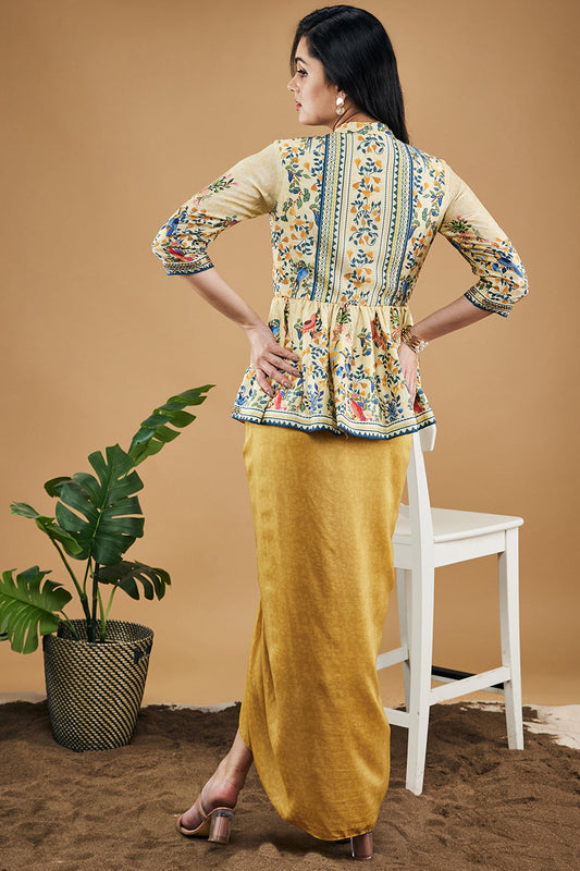 Bird And Tile Printed Peplum Top With Drape Skirt