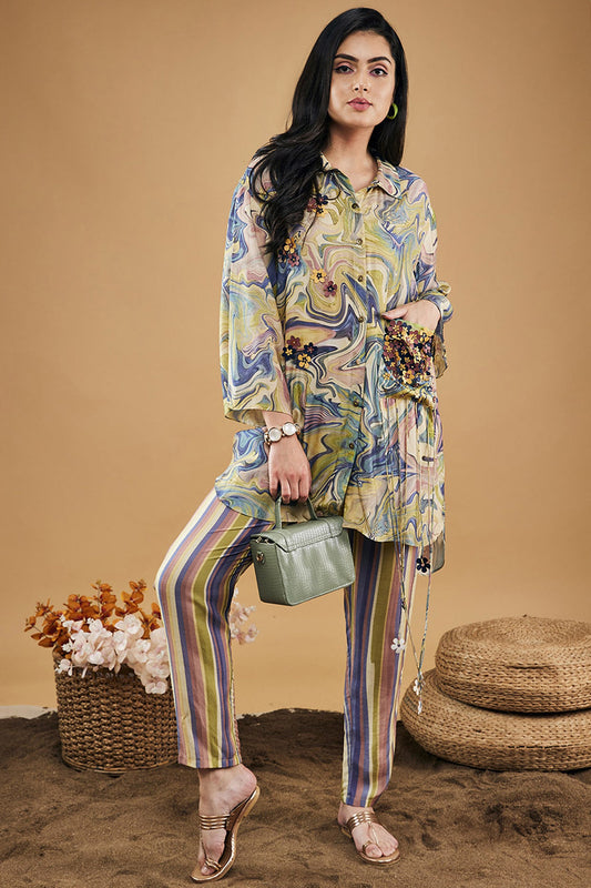 Marble Mosaic Embellished Shirt With Pants