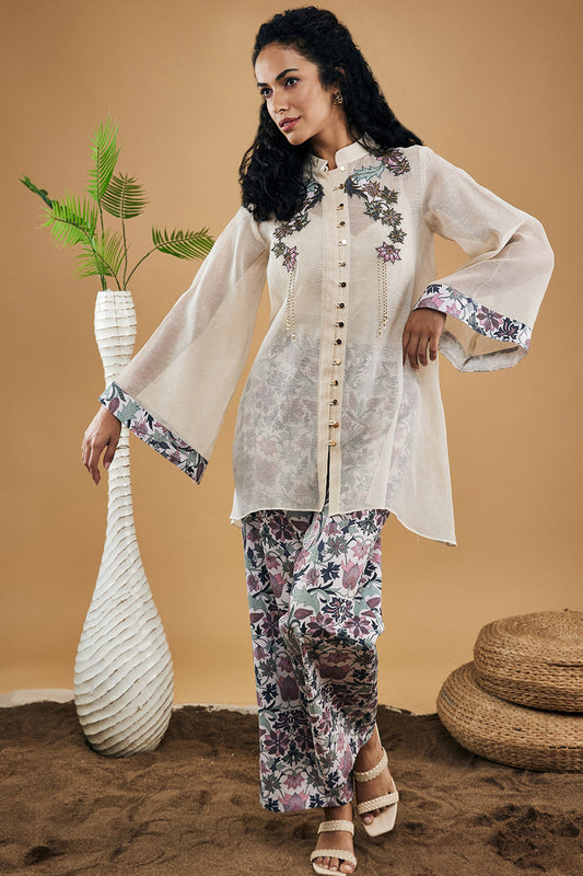 Off White Pastel Floral Applique Top With Pants