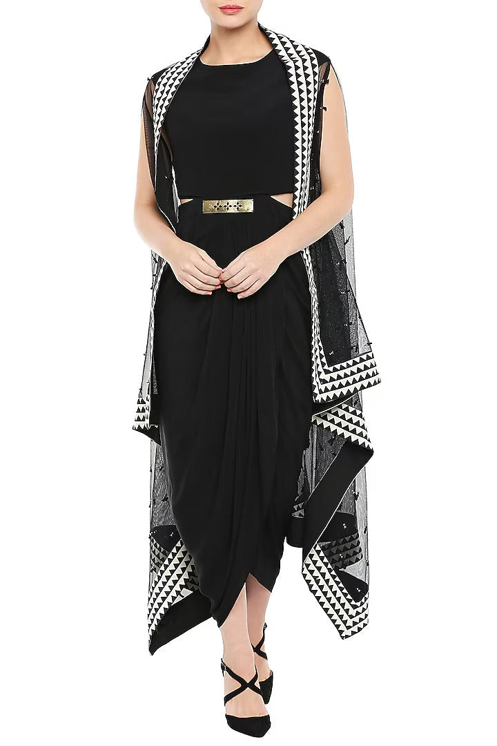 Black Drape Dress With White Embroidered Cape Jacket & Belt