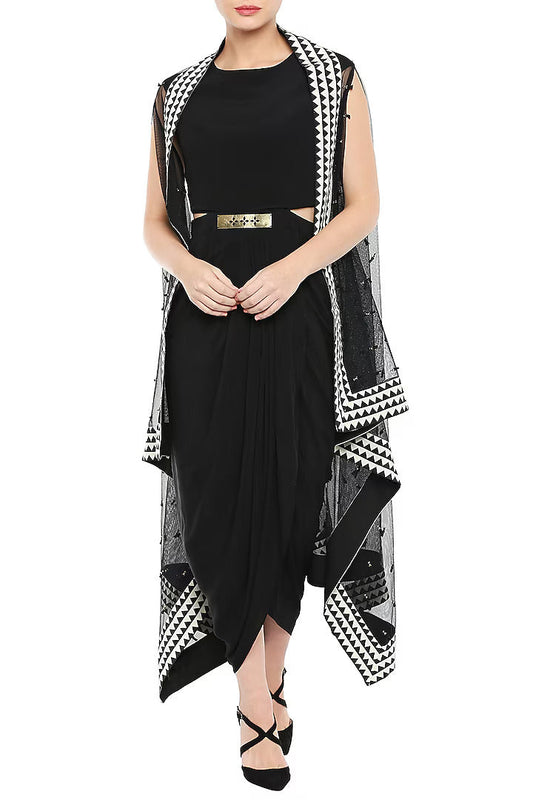Black Drape Dress With White Embroidered Cape Jacket & Belt