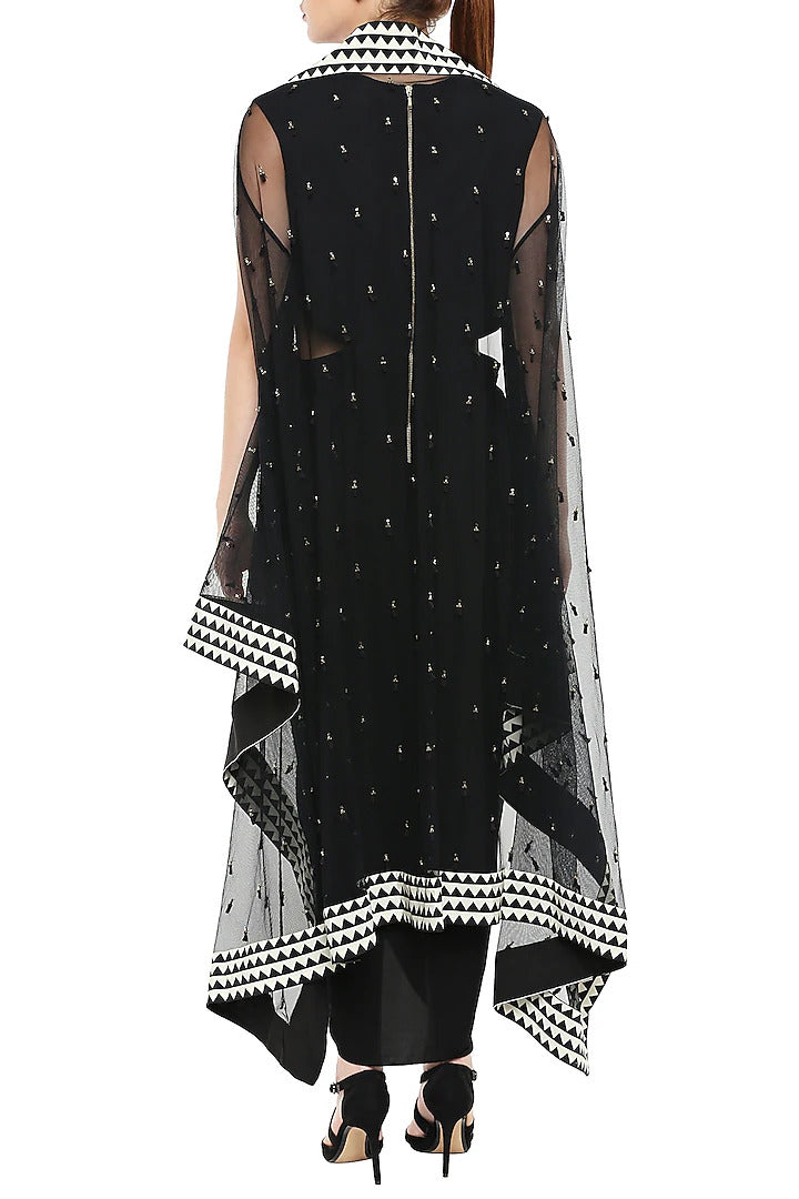 Black Drape Dress With White Embroidered Cape Jacket & Belt