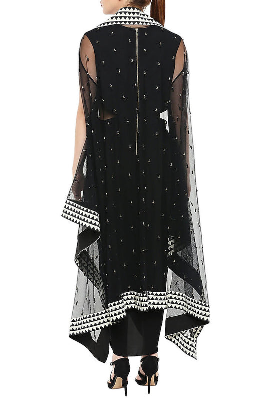 Black Drape Dress With White Embroidered Cape Jacket & Belt