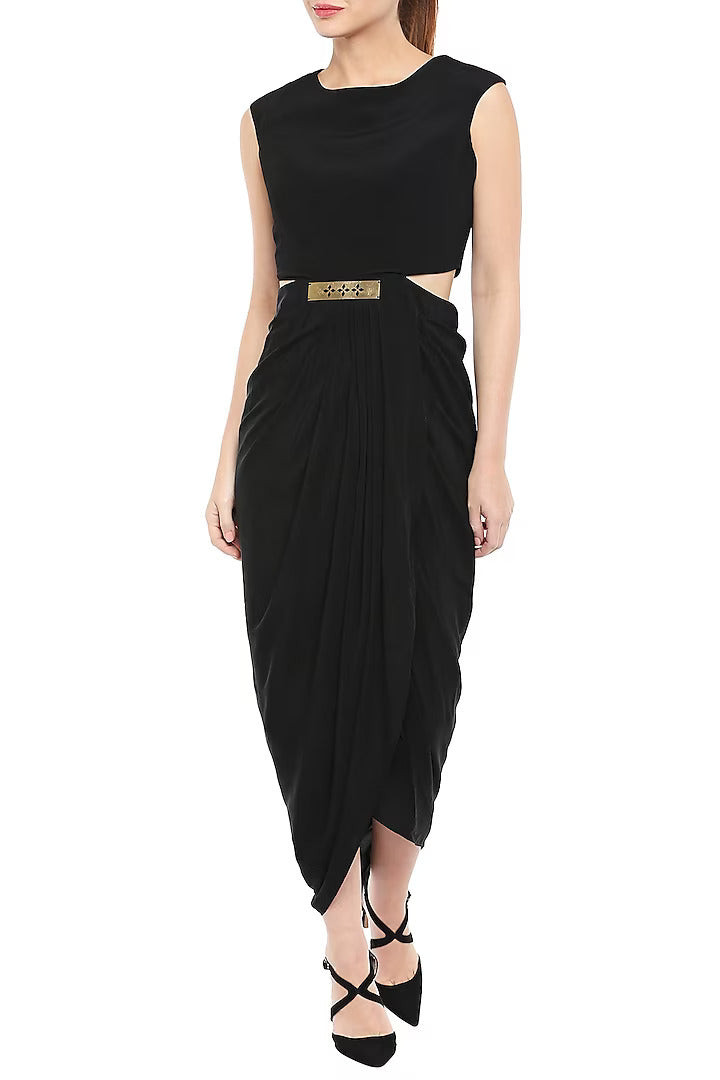 Black Drape Dress With White Embroidered Cape Jacket & Belt
