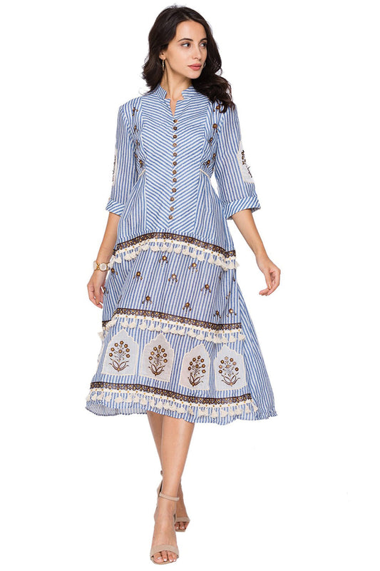 Sartorial Printed  Short Tier Dress With Cutwork Leather Embroidery With Lace And Potli Buttons