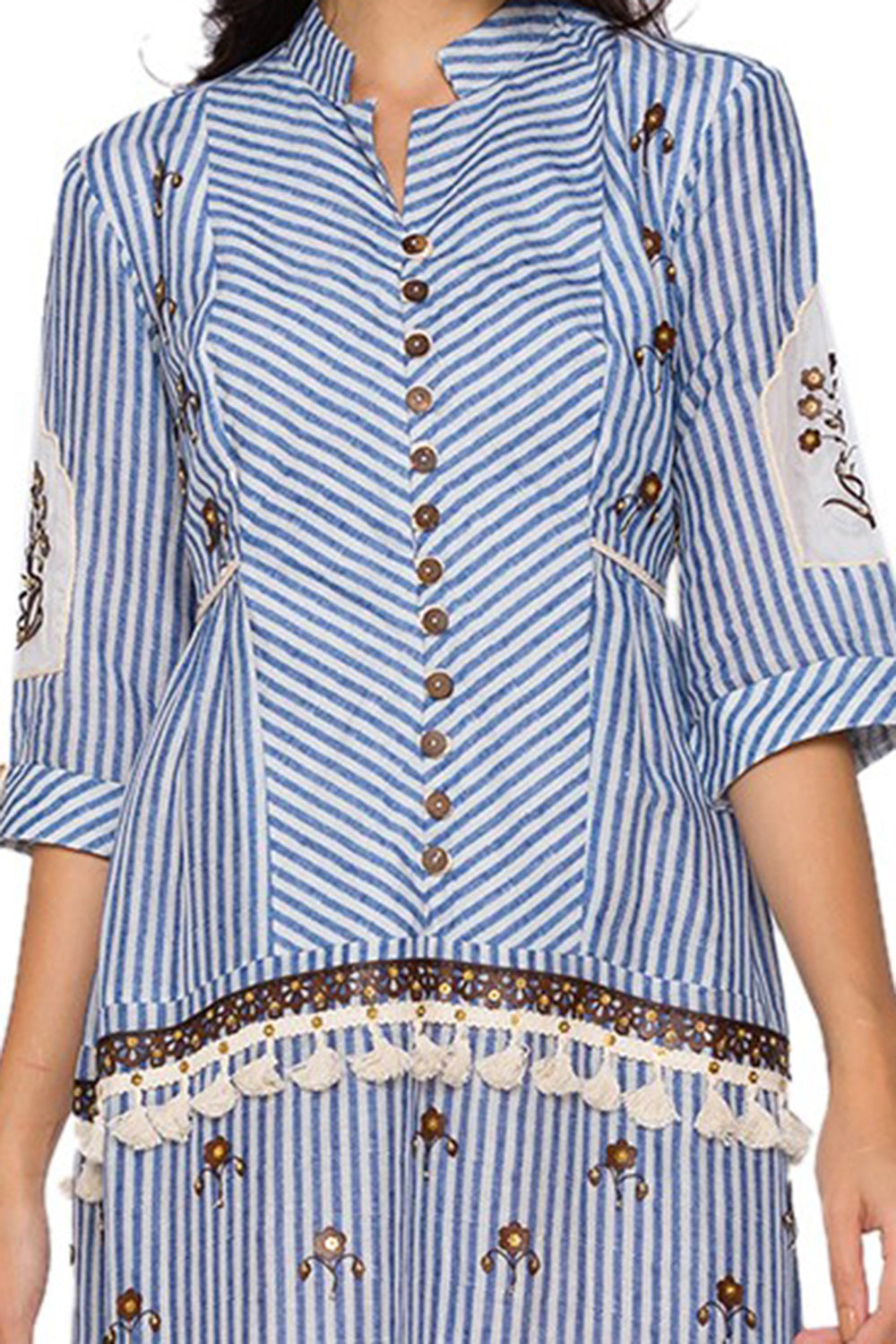 Sartorial Printed  Short Tier Dress With Cutwork Leather Embroidery With Lace And Potli Buttons