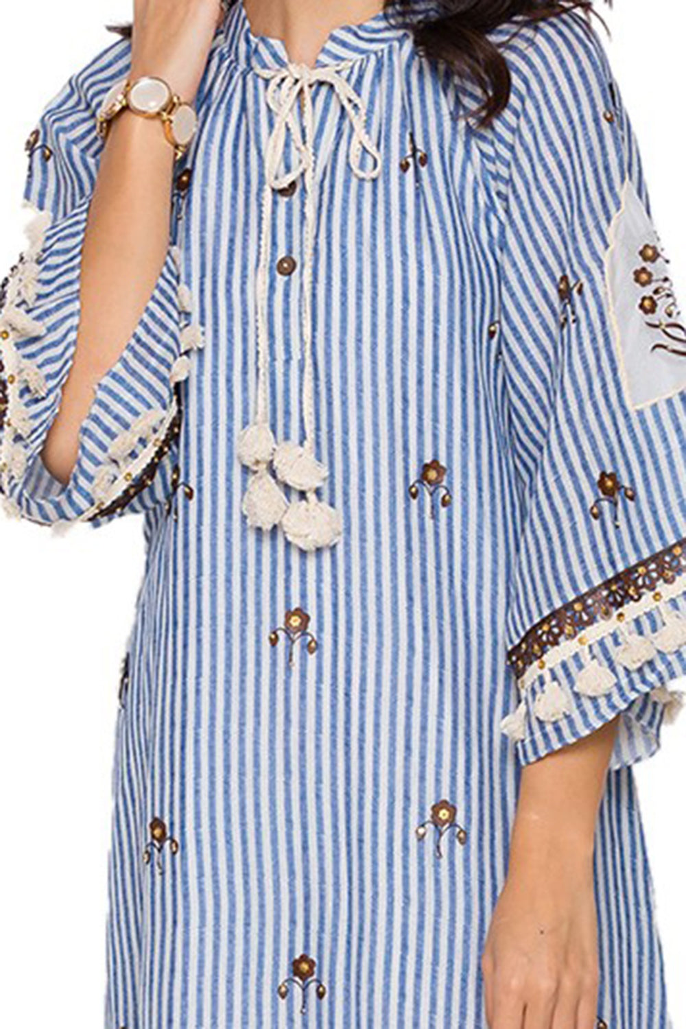 Sartorial Printed Short Dress With Leather Cutwork Embroidery And Neck Tie Up