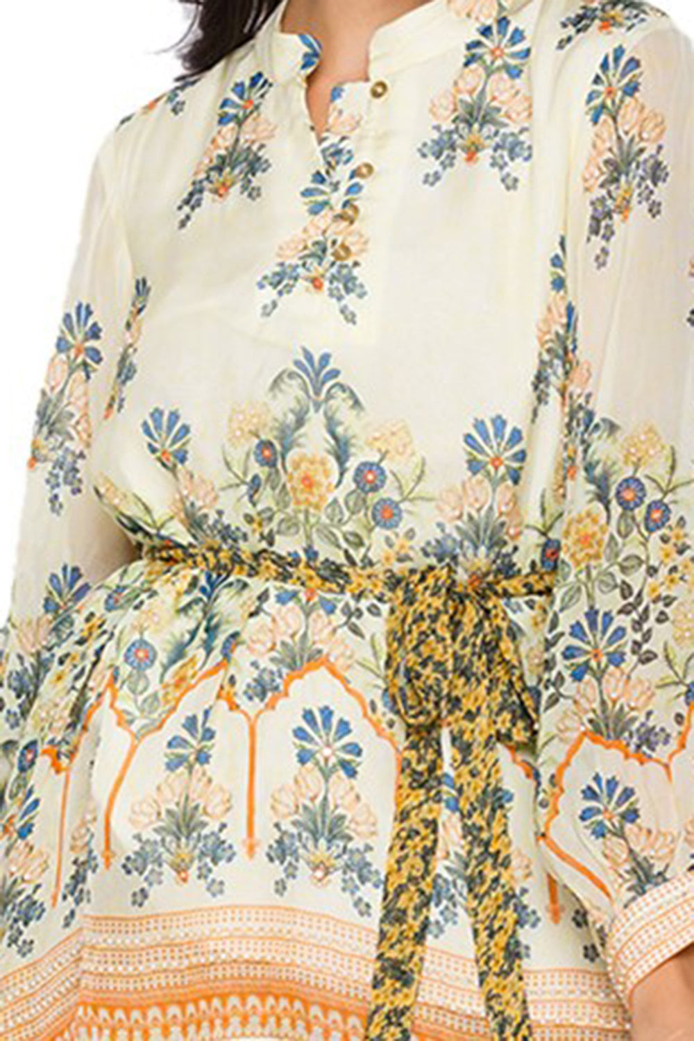 Eden Printed Asymetrical Top Paired With Sharara Pants And Printed Belt Embellished With Pearls