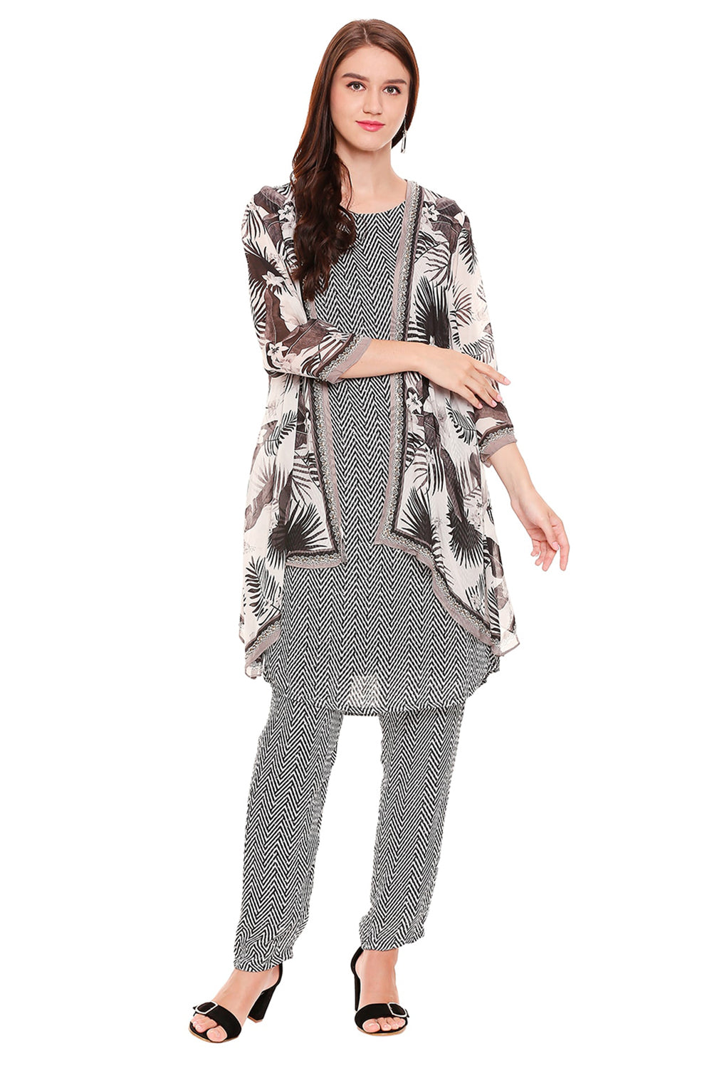 Pink Printed Top With Pants Gatheres At Waist And Bell Sleeves