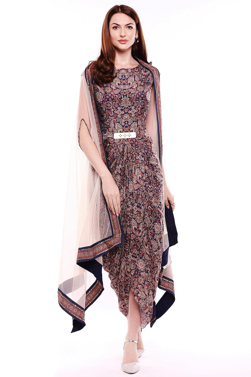 Madhubani Printed Drape Dress With Cape