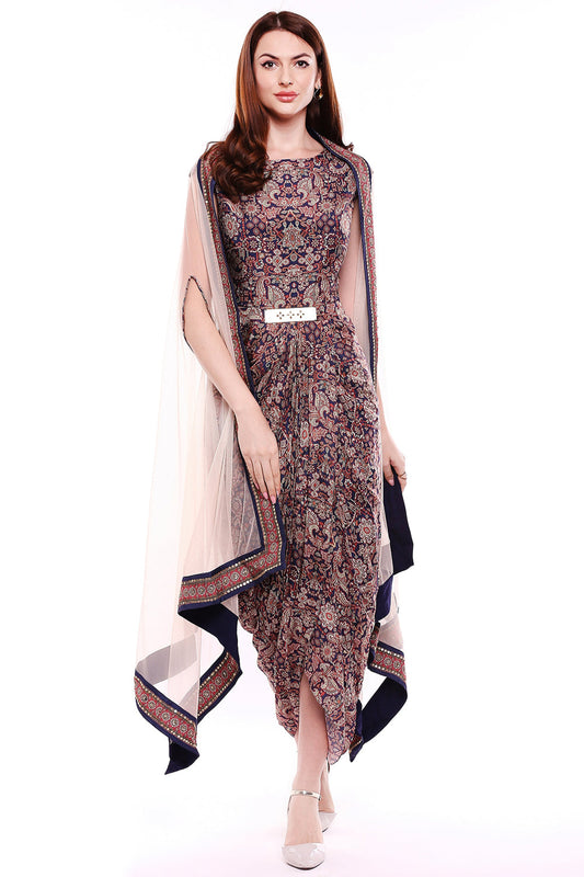 Madhubani Printed Drape Dress With Cape