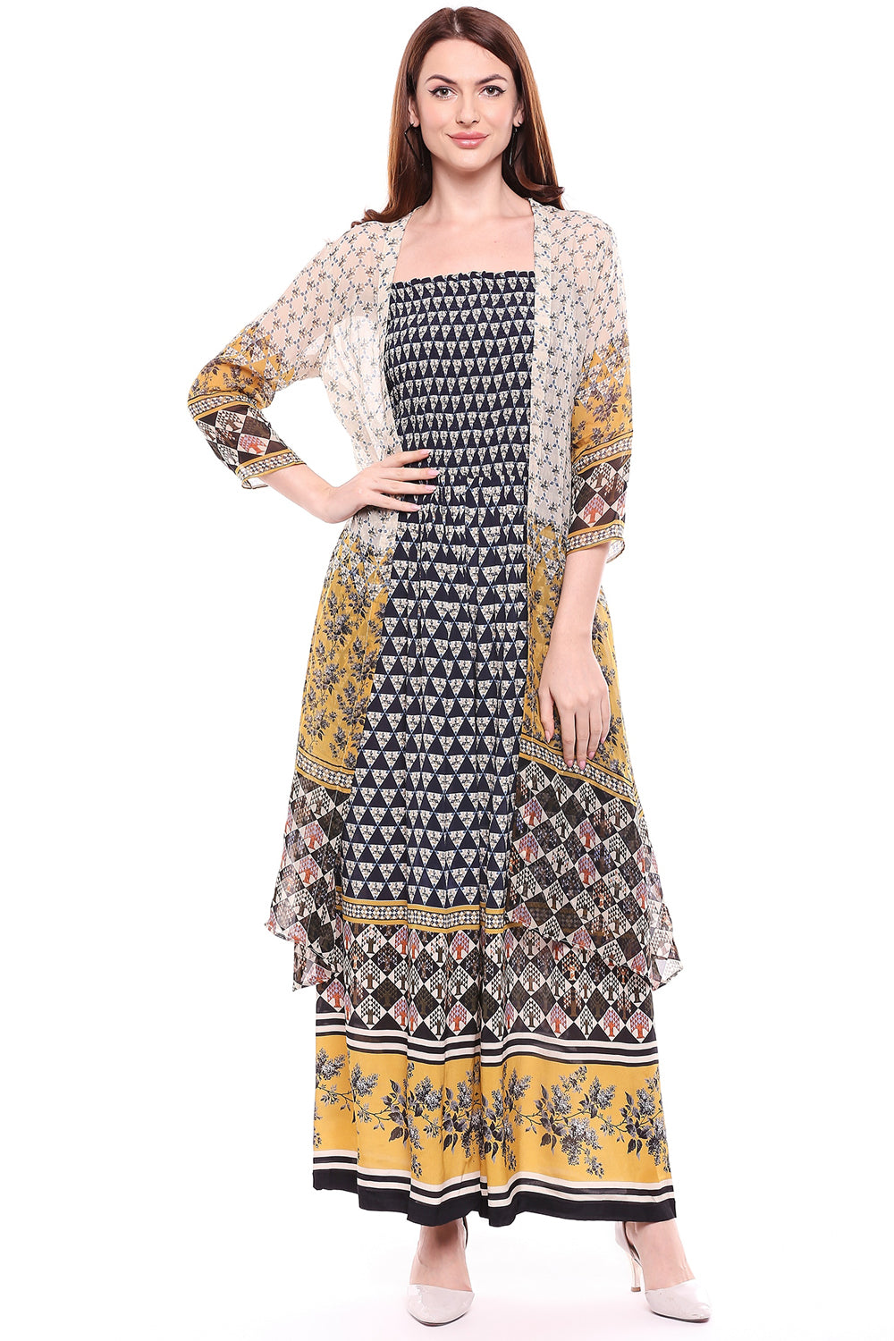 Applique Floral Printed Jumpsuit With Jacket