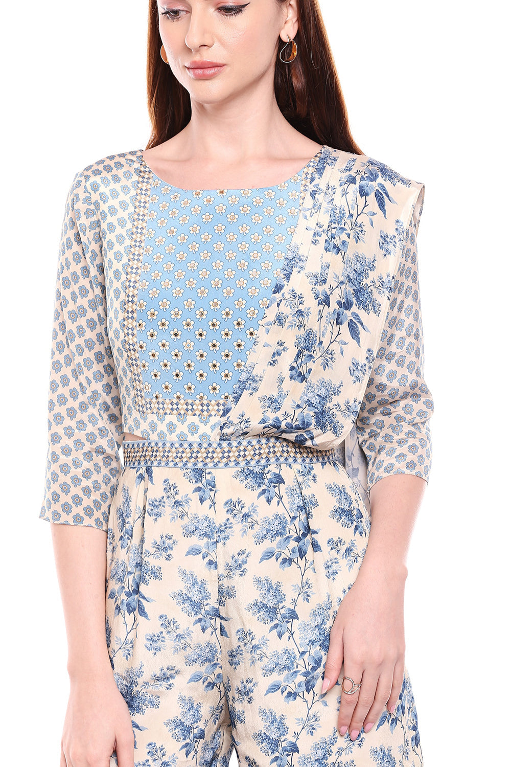 Applique Printed Jumpsuit With Attached Dupatta