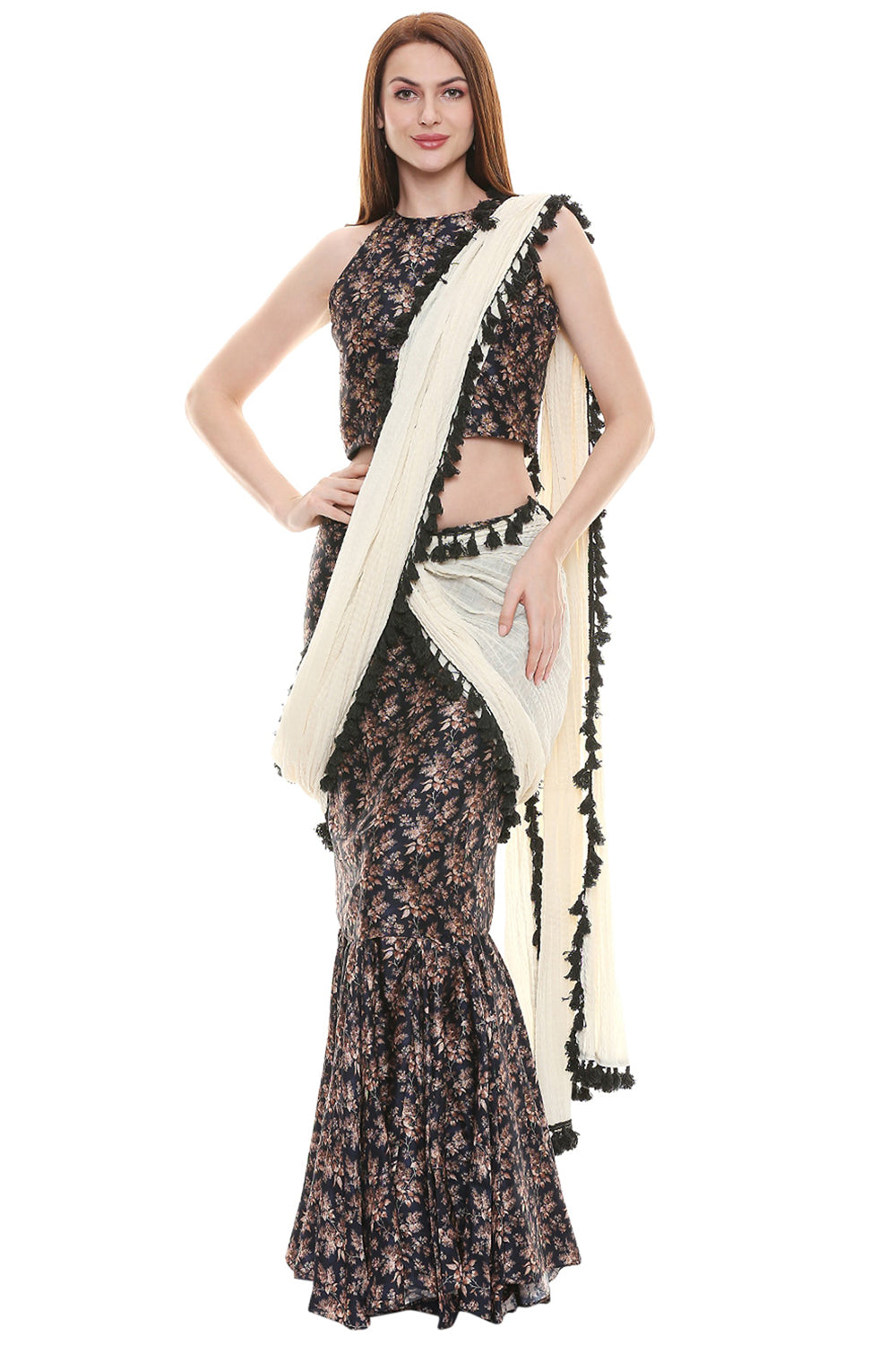 Applique Floral Printed Skirt Set With Attached Dupatta