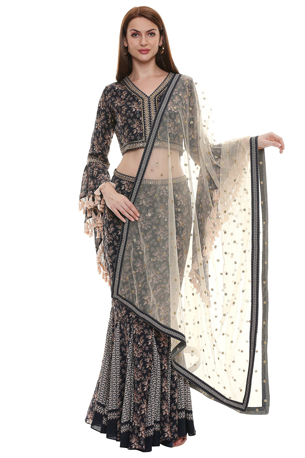 Applique Printed Skirt Set With Dupatta