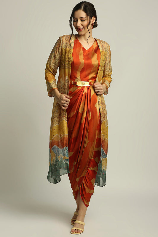 Dune Shadow Printed Drape Dress With Jacket
