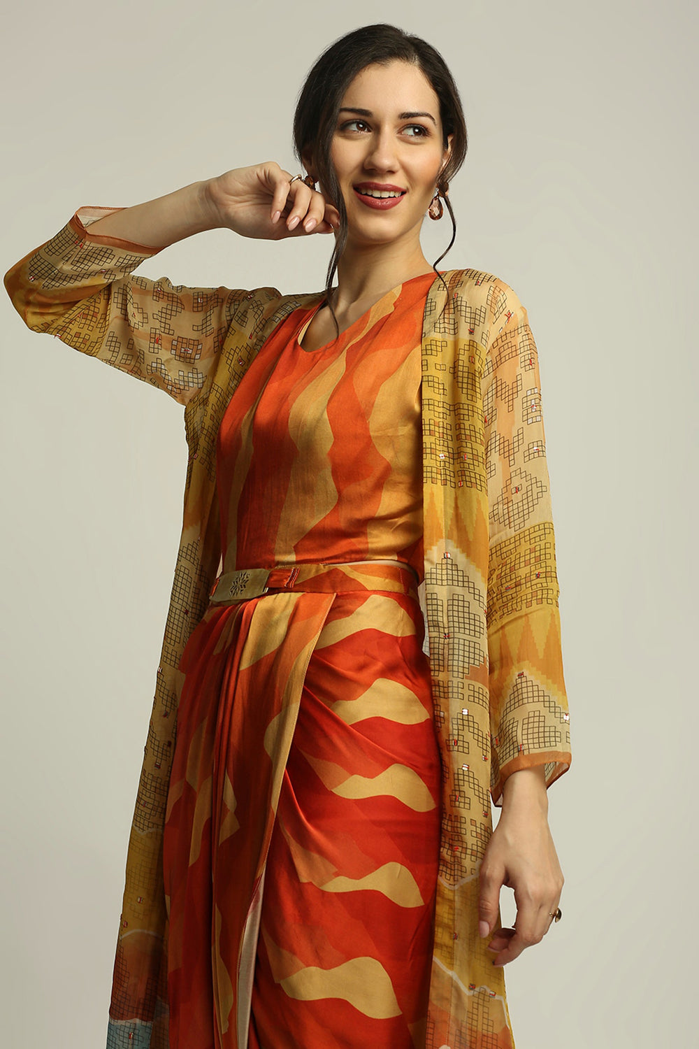 Dune Shadow Printed Drape Dress With Jacket