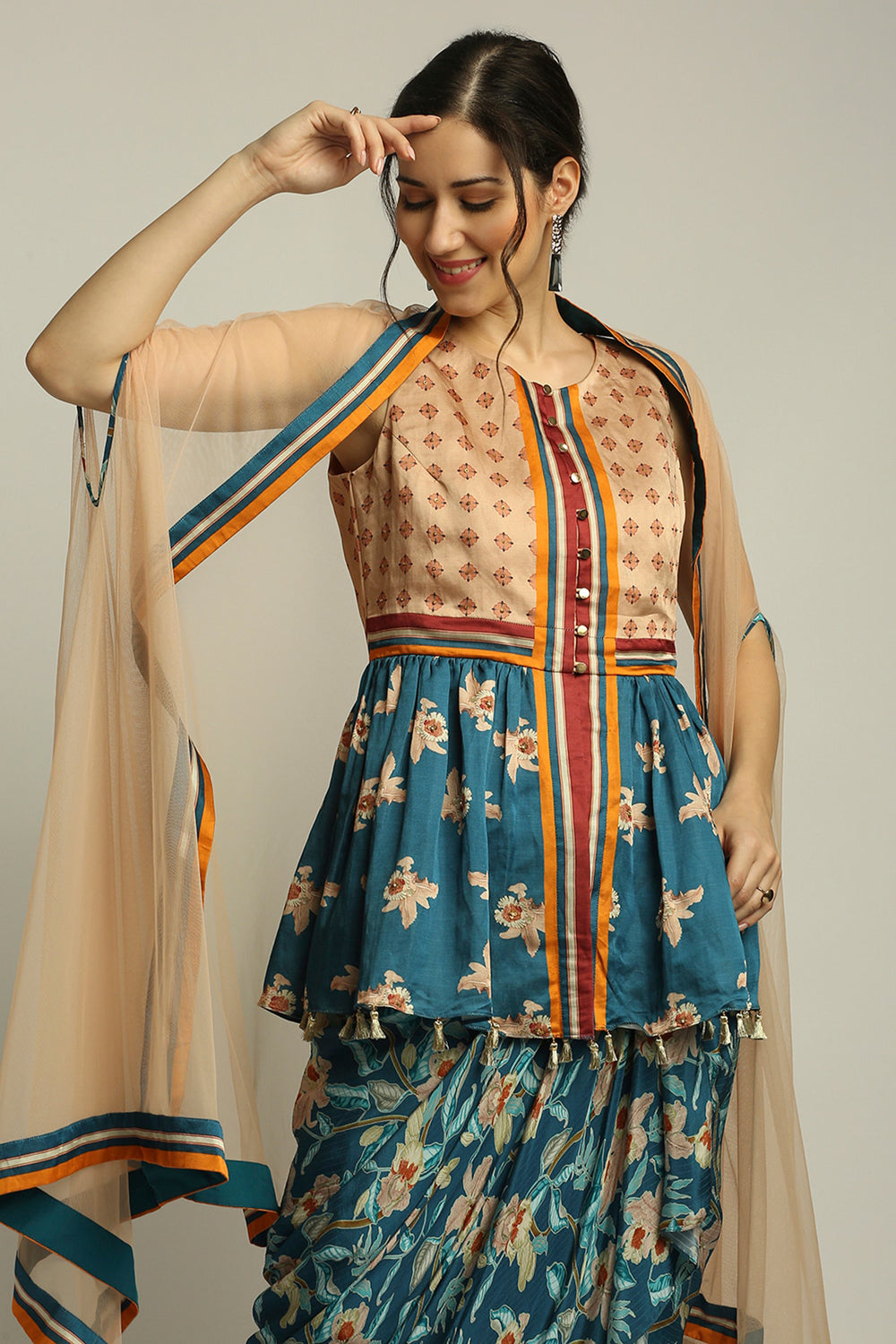 Orchid Bloom Printed Skirt Set With Cape