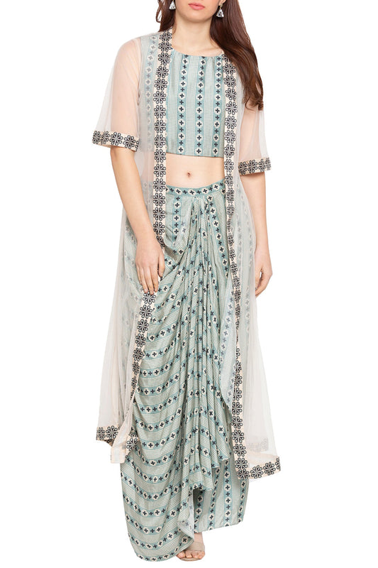 Azure Printed Skirt Set With Jacket