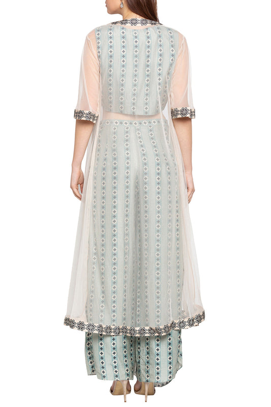 Azure Printed Skirt Set With Jacket