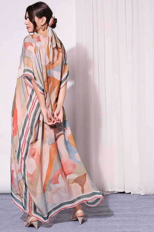 Pastel Pink Conversational Printed Kaftan Dress