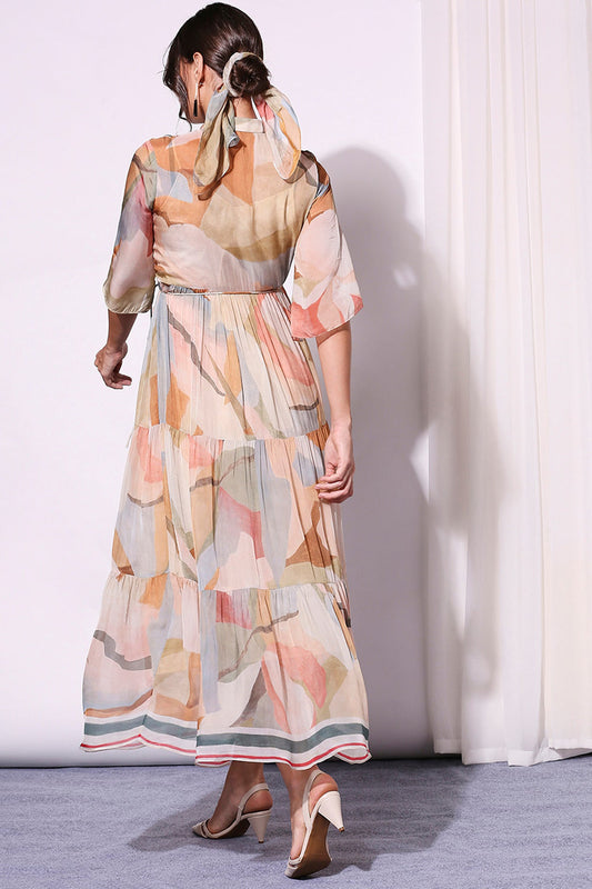 Pastel Coloured Conversational Printed Tiered Dress