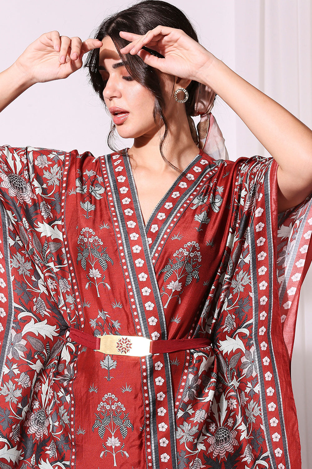 Maroon Floral Printed Kaftaan And Flared Pants