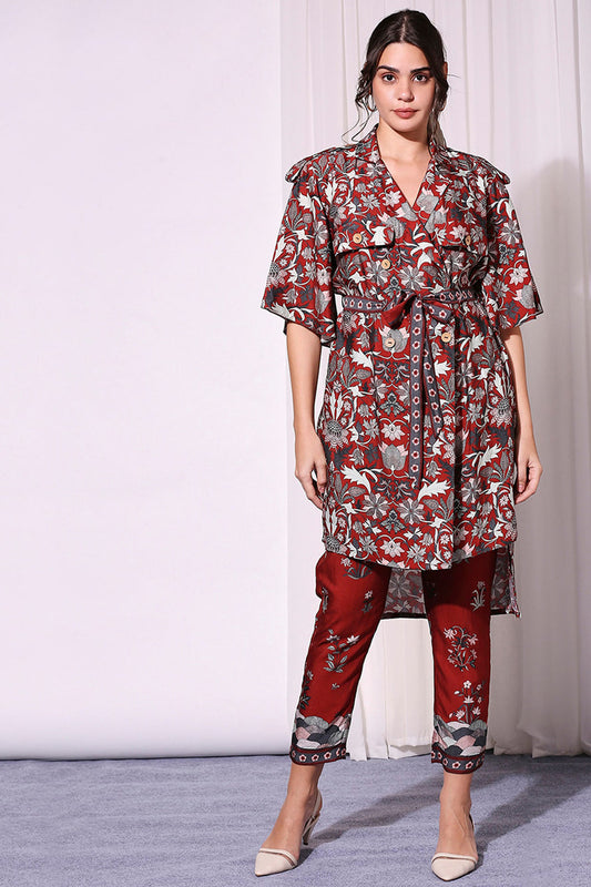 Merlot Red Floral Printed Jacket And Pants